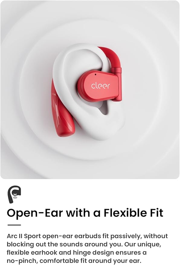 Cleer ARC II Sport Open Ear Headphones, True Wireless Ear Buds with Dual Mic, Sweat Resistant, Multi-Point Connect, 35 Hrs Playtime, Secure Fit, Bluetooth 5.3 Earbuds with Ear Hooks, Preset EQs, Red