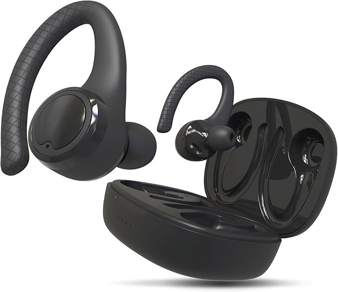 Coby True Wireless Bluetooth Earbuds, Interchangeable Ear Hooks and Tips, Multi-Sized Ear Gels, Sweat-Resistant Design, 14-Hour Play Time, Drop-Proof Case, Black