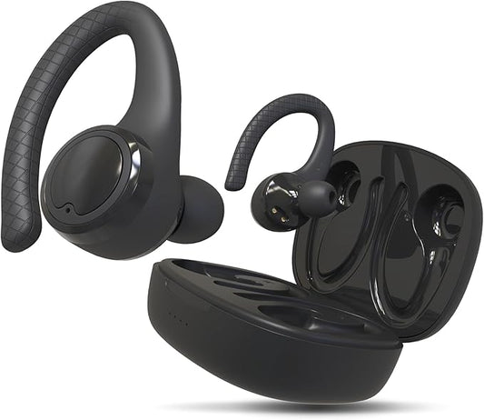 Coby True Wireless Bluetooth Earbuds, Interchangeable Ear Hooks and Tips, Multi-Sized Ear Gels, Sweat-Resistant Design, 14-Hour Play Time, Drop-Proof Case, Black
