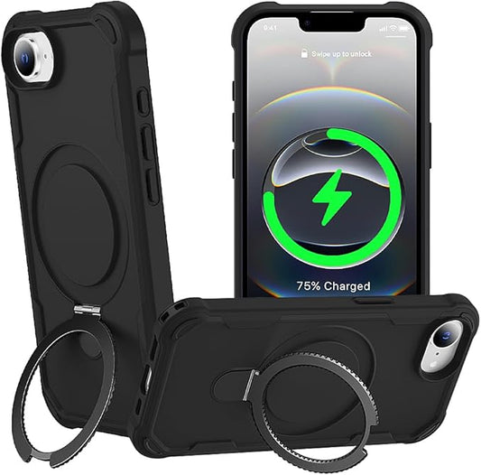 Designed for iPhone 16E Case with Magnetic Stand [Military Drop Protection][Compatible with Magnet] Shockproof 16E Phone Case with Ring Holder, Black
