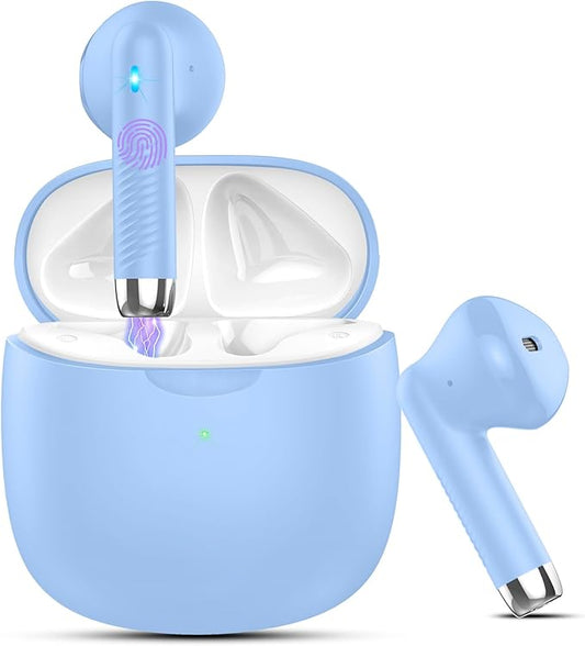 Wireless Earbuds, Bluetooth 5.4 Headphones in Ear with Noise Cancelling Mic, Bluetooth Earbuds Stereo Bass, IP7 Waterproof Sports Earphones, 32H Playtime USB C Charging Buds Light Blue for Android iOS