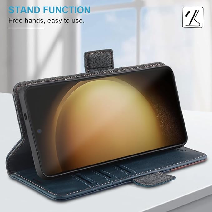 KEZiHOME Galaxy S24+ Plus 5G Wallet Case, Genuine Leather, RFID Blocking, Magnetic, Card Holder, Navy Blue/Brown