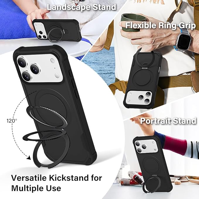 Designed for iPhone 17 Pro Case with Magnetic Stand [Military Drop Protection][Compatible with Magnet] Shockproof 17 Pro Phone Case with Ring Holder, Black