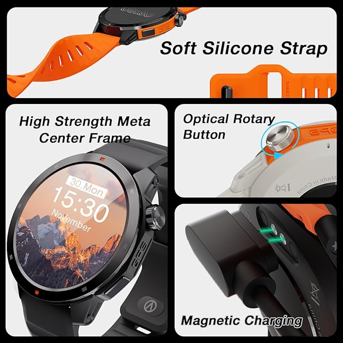 GPS Smart Watch for Men, 1.43'' AMOLED Smartwatch with Compass/Barometer/Altimeter, Heart Rate/Sleep Monitor, 30M Waterproof, 60+ Sports Fitness Tracker for Android/iOS, Black & Orange (2 Bands)