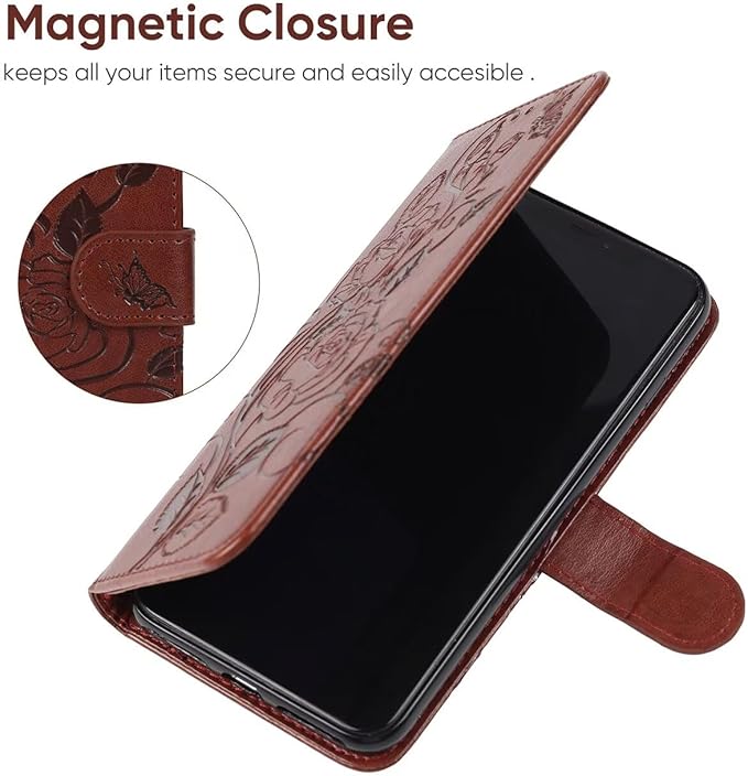 Case for iPhone 13 Case, iPhone 14 Wallet Case with Tempered Glass Screen Protector, Flower Leather Flip Credit Card Holder Stand Phone Cover Cases for iPhone 14 Brown