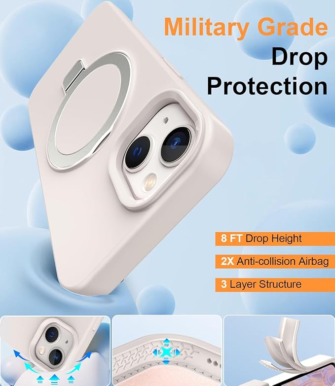 ZHK Liquid Silicone Designed for iPhone 15 Case with Magnet Stand, [Mil-Grade Drop Shockproof][Soft Anti-Scratch Microfiber Lining] Slim Fit Cover, Beige