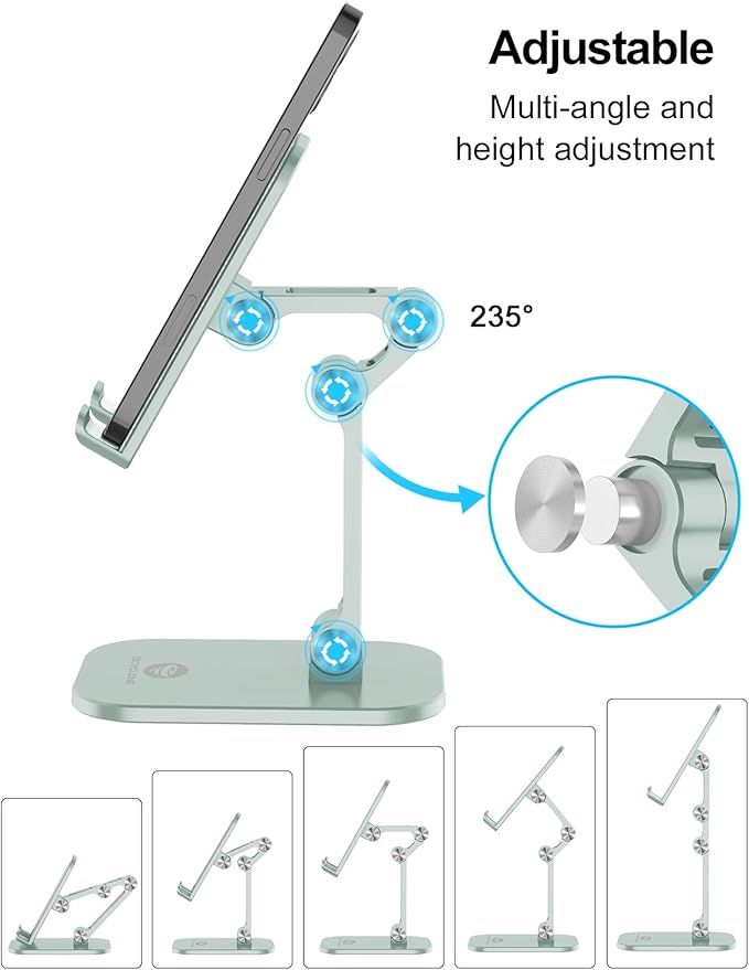 OCYCLONE Phone Stand, Adjustable Height and Angle Foldable Cell Phone Stand Holder for Desk, Taller iPhone Stand Compatible with 4.7"-13" Smartphones iPad Tablet, Light Green