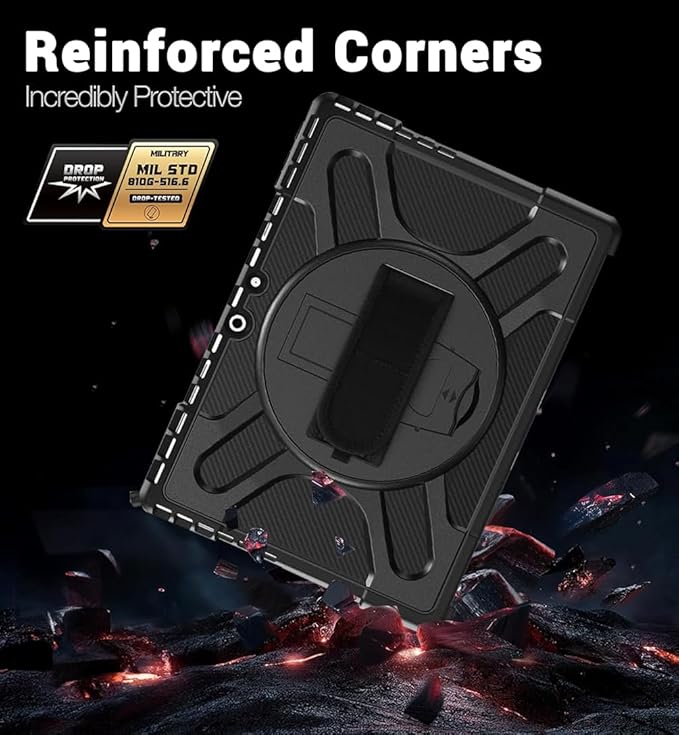 DreamerX for Microsoft Surface Pro 11 10 9 Case, Rugged Shockproof Protective Kids Case for Surface Pro 11 10 9 13 inch with Stand Hand Strap Pen Holder, Compatible with Type Cover Keyboard, Black