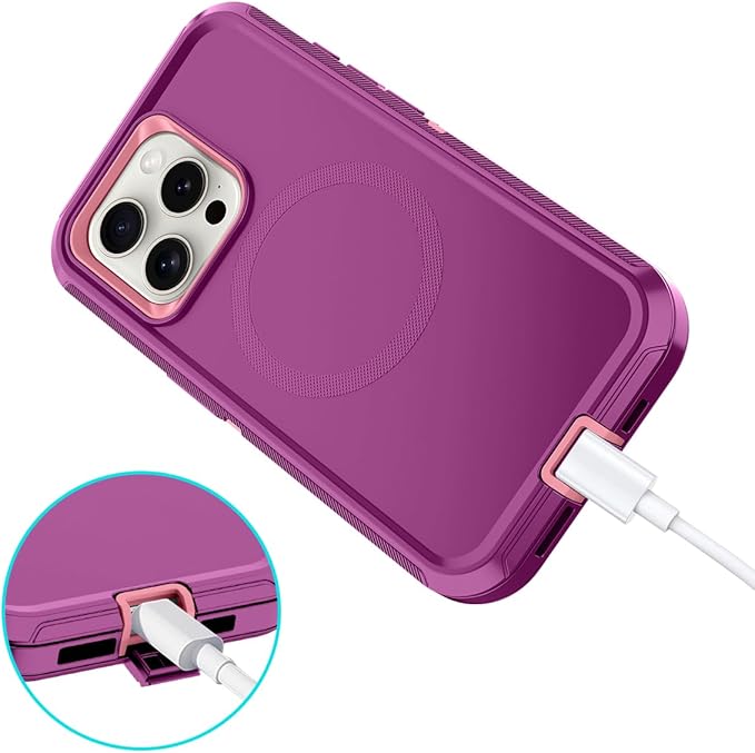 for iPhone 15 Pro Case [Compatible with MagSafe] Shockproof 3-Layer Full Body Protection Rugged Heavy Duty Cover Case for Apple iPhone 15 Pro 6.1",Purple/Pink