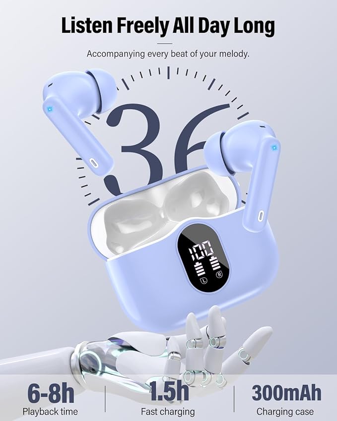 Wireless Earbuds, Bluetooth 5.4 Headphones Bass Stereo, Ear Buds with Noise Cancelling Mic, IP7 Waterproof in Ear Earphones, 36H LED Display Bluetooth Earbuds for Laptop Pad Phones Sports, Pale Blue
