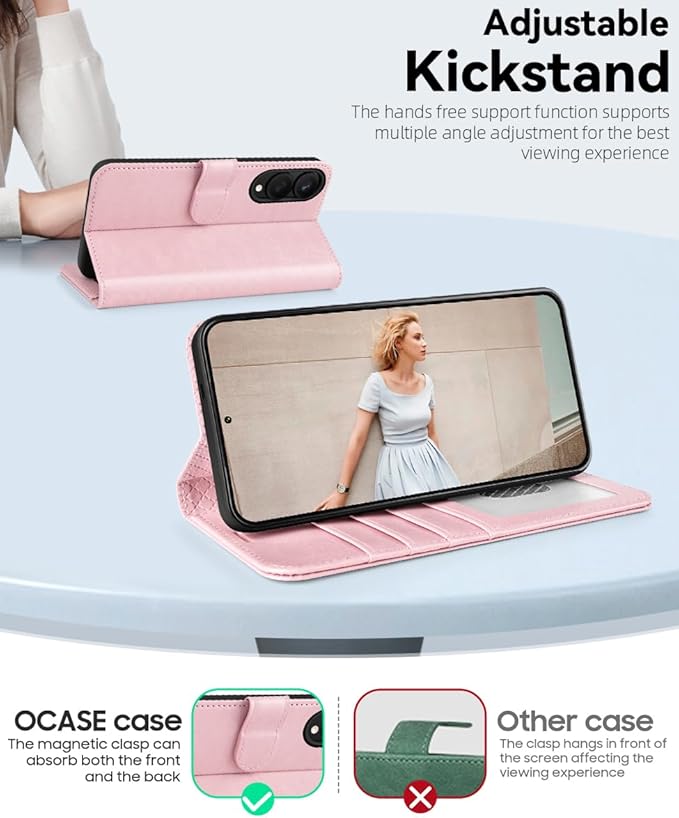 OCASE Compatible with Galaxy S25 Edge Wallet Case, PU Leather Flip Folio Case with Card Holders RFID Blocking Kickstand [Shockproof TPU Inner Shell] Protective Phone Cover 2025, Pink