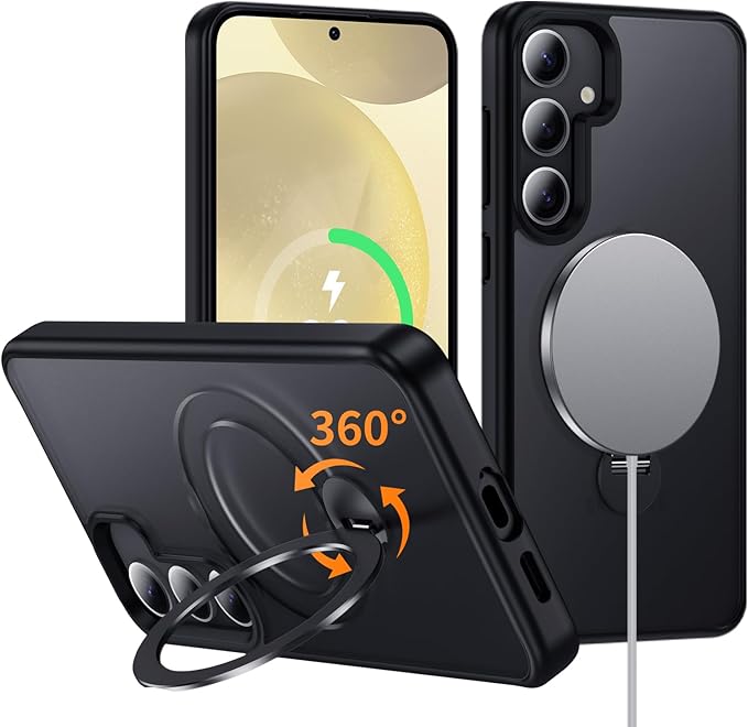 for Samsung Galaxy S24+ Plus Case,Compatible with Magsafe,with 360°Rotatable Magnetic Ring Stand [Wireless Charging],Matte Translucent Slim Soft Edge Phone Kickstand,Black