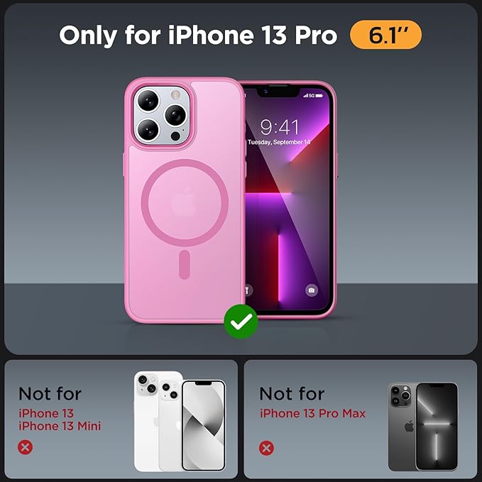 Miracase Magnetic for iPhone 13 Pro Case 6.1 inch (Compatible with MagSafe)（with 2X Screen Protectors） Military-Grade Protection, Anti-Fingerprint Translucent Matte Phone Case Cover, Mes Pink