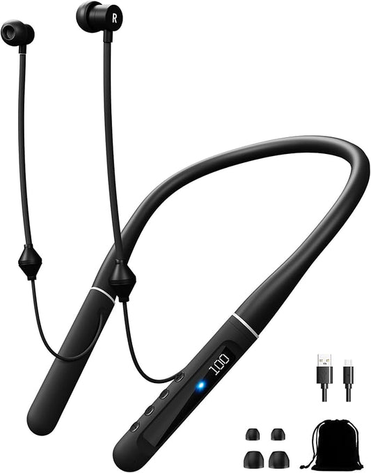 Air Tube Bluetooth Headphones with LED Battery Display,EMF Free Neckband Wireless Earbuds with 25H Playtime,HD Bass Airtube Headphone Emf Free with Mic And Controls,Airtube Earbuds For Sleep,Work,Gym