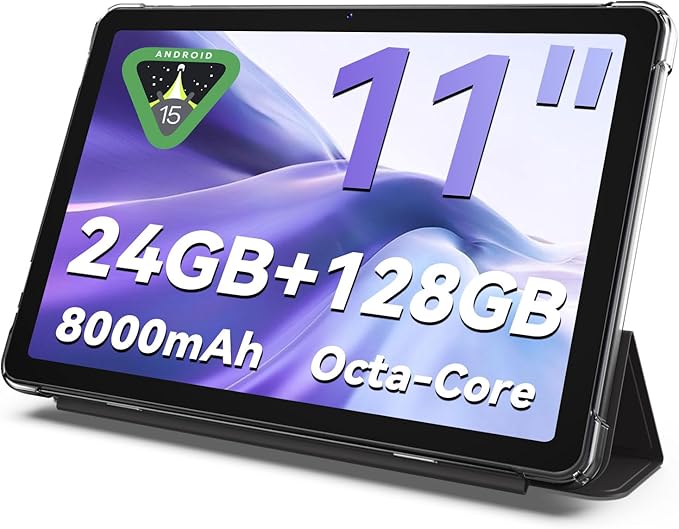 Tablet 11 inch Android 15 Tablets, 24GB RAM + 128 Storage(Expandable up to 2TB), Android Tablet with Case, Octa-Core, IPS HD Display, 13 MP Dual Camera, 8000mAh, 5GWiFi, GPS, Bluetooth 5.0 (Black)