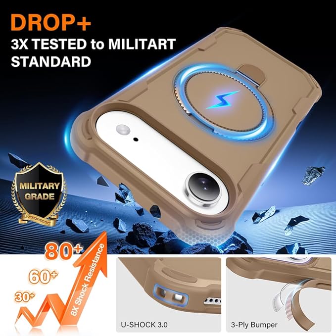 Designed for iPhone 17 Air Case with Magnetic Stand [Military Drop Protection][Compatible with Magnet] Shockproof 17 Air Phone Case with Ring Holder, Khaki