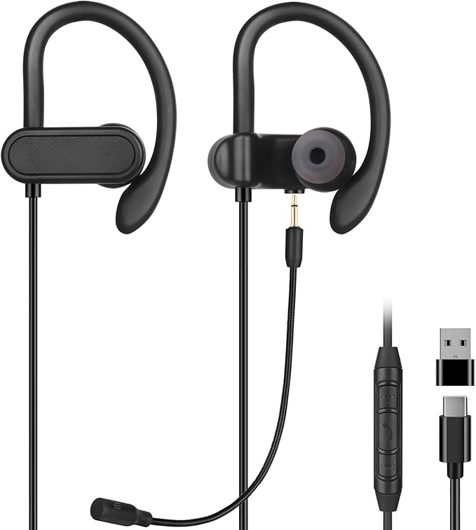 USB C & USB A Earbuds with Boom Mic for Smartphones & Computers, Wired USB C In-ear Headset with Wrap-Around Ear Hooks, Dual Mic Earbuds, 5.9FT - Perfect for Calling, Meeting, Work and Gaming