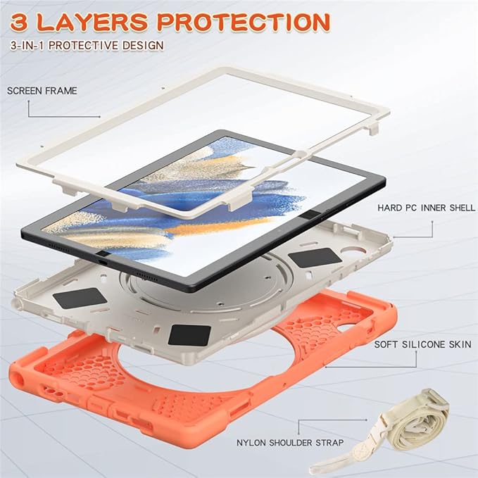 360 Rotatable Galaxy Tab A8 10.5" Case Sturdy Cover Rotate Ring Stand Shoulder Carrying Strap Hand Strap Rugged Children Adults Outdoor Case, Orange