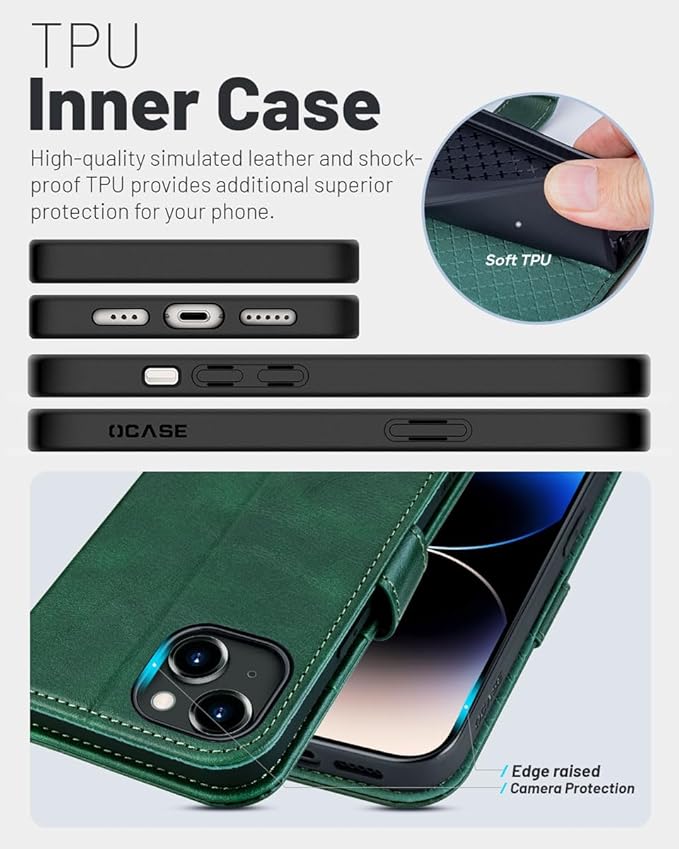 OCASE Compatible with iPhone 15 Wallet Case, PU Leather Flip Folio Case with Card Holders RFID Blocking Kickstand [Shockproof TPU Inner Shell] Phone Cover 6.1 Inch 2023, Blackish Green
