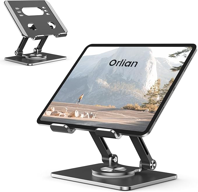 Tablet Stand Holder with Thickened 360°Rotating Base Dual Rod Adjustable Aluminum Stand for All 5.8-12.9” iPad Samsung Phone Tablet Kindle E-Reader and More, Black
