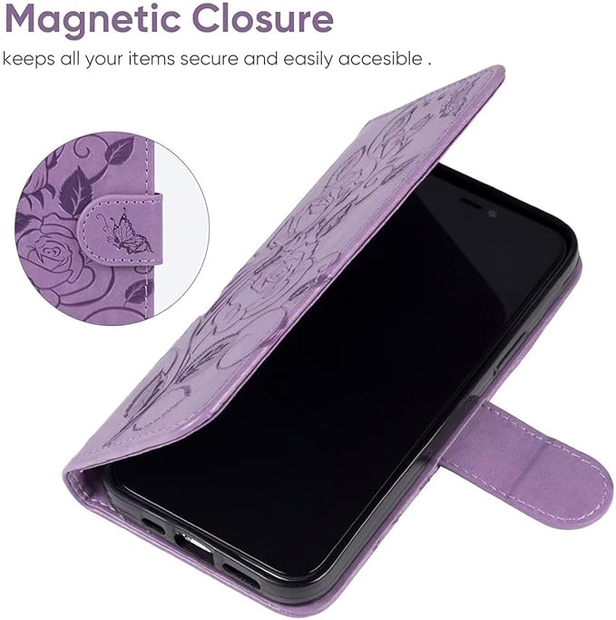 Case for iPhone 13 Case, iPhone 14 Wallet Case with Tempered Glass Screen Protector, Flower Leather Flip Credit Card Holder Stand Phone Cover Cases for iPhone 14 Purple