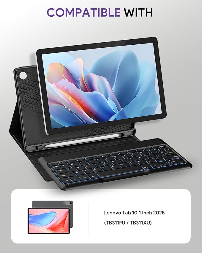 Keyboard Case for Lenovo Tab 10.1" 2025 (TB311FU / TB311XU), Wireless Keyboard with Twill Cover Case & Pen Slot & Adjustable Stand & Backlit Keys, Lenovo Tab 10.1 inch Keyboard