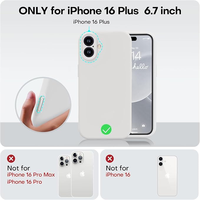 Vooii Compatible with iPhone 16 Plus Case, Liquid Silicone Upgrade [Camera Protection] [Soft Anti-Scratch Microfiber Lining] Shockproof Phone Case for iPhone 16 Plus 6.7 inch - White