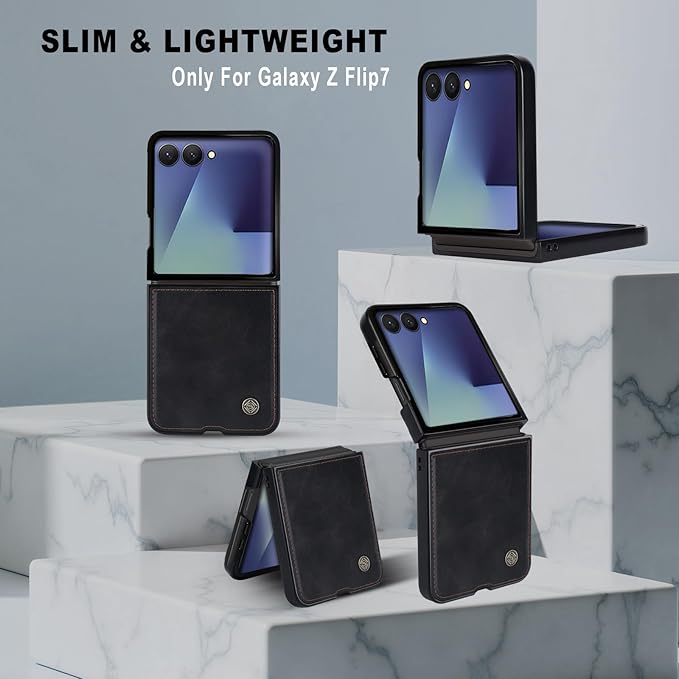 ASAPDOS Leather Folio Magnetic Case for Samsung Galaxy Z Flip 7 [Compatible with MagSafe],Built-in Screen Protector and PU Leather Thin Slim Protective Case Cover Black