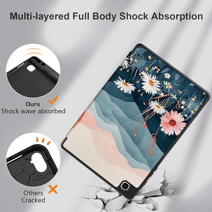 DONGKE Case for Samsung Galaxy Tab S6 Lite 10.4 Inch 2024/2022/2020, Trifold Stand + S Pen Holder + Auto Wake/Sleep + Soft TPU Protective Stand Back Cover, Daisies