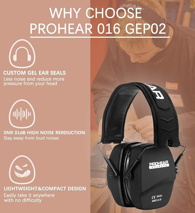PROHEAR 016-GEP02 Shooting Ear Protection Safety Muffs with Gel Ear Seals with groove, NRR 26dB Noise Reduction Slim Low Profile Passive Earmuffs, Folding Hearing Protector for Airsoft, Hunting