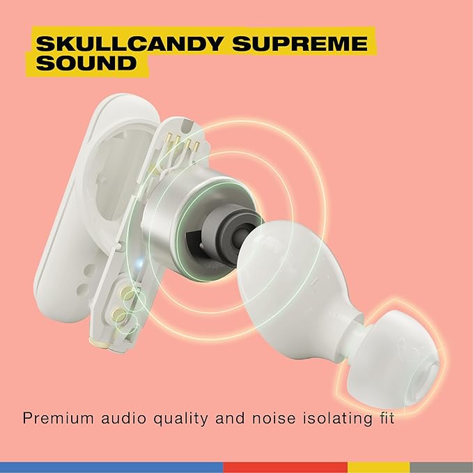 Skullcandy Smokin’ Buds Wireless Earbuds, Bluetooth Headphones, Noise Isolating Fit, Up to 20 Hours Battery, IPX4 Sweat and Water Resistant, Microphone for iPhone Android - Bone
