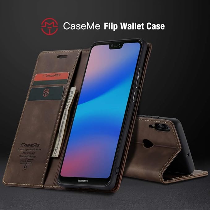 for Huawei P20 Lite Case, Flip Wallet Leather Case with Card Holder Magnetic Closure Shockproof Kickstand Protective Phone Cases Cover for Huawei P20 Lite,Coffee