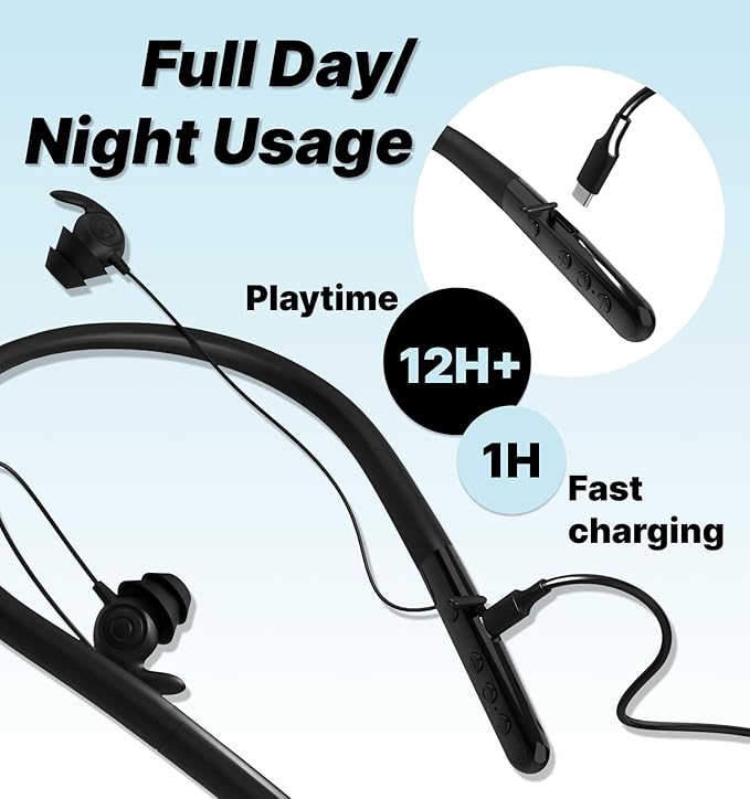 Hmusic HS88 Sleep Earbuds,Neckband Sleep Headphones Bluetooth 5.4,-30dB Noise Reduce Soft Flat Thin Silicone Earplugs for Side Sleeper,12H Playback, In Ear Earphones for Air Travel,Audio Book,Meditate