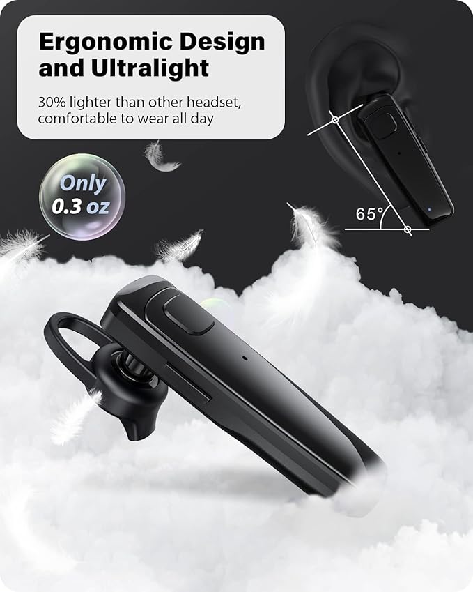 Bluetooth Headset - V5.0 Wireless Handsfree Earpiece Built-in Dual Mic Noise Cancelling, 10 Days Standby 16Hrs HD Talktime Ultralight Headset for iPhone Android Samsung Laptop(Black)