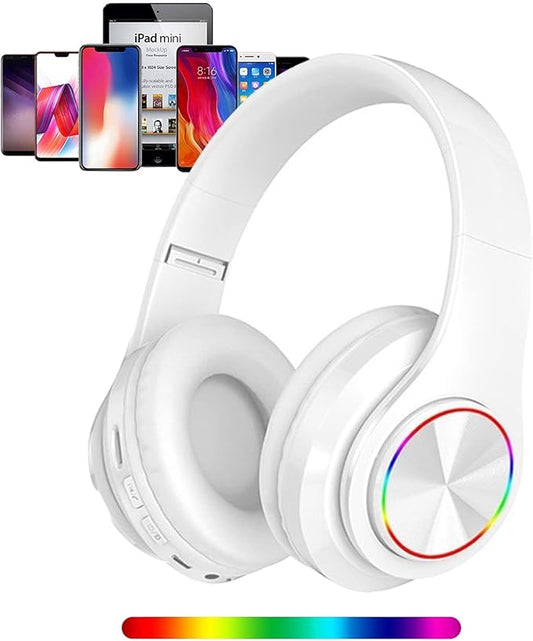 Wireless Bluetooth Headphones with Colorful LED Lights, Built-in Mic, Light Weight, Foldable, Wired HiFi Stereo Headphones for Classroom/Home Office/PC/Mobile Phone/Kids Adult (White)