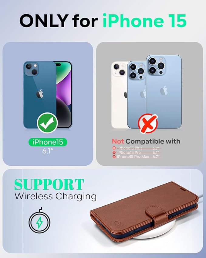 OCASE Compatible with iPhone 15 Wallet Case, PU Leather Flip Folio Case with Card Holders RFID Blocking Kickstand [Shockproof TPU Inner Shell] Phone Cover 6.1 Inch 2023, Brown