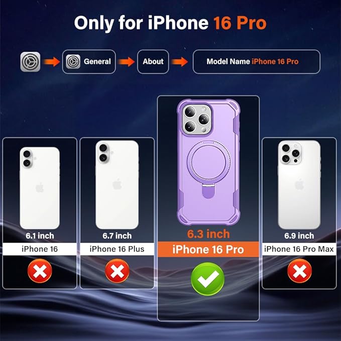 Designed for iPhone 16 Pro Case with Magnetic Stand [Military Drop Protection][Compatible with Magnet] Shockproof 16 Pro Phone Case with Ring Holder, Purple