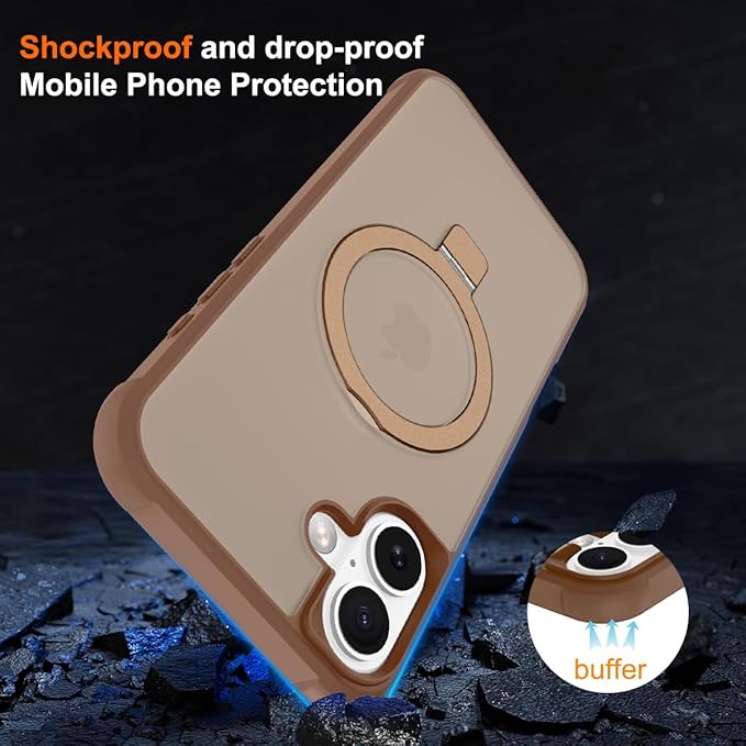 Magnetic Compatible with iPhone 16 Case with Stand [Military Grade Drop Tested][Compatible with Magnet] Ring Translucent Slim Hard Back Soft Edge, Desert Gold