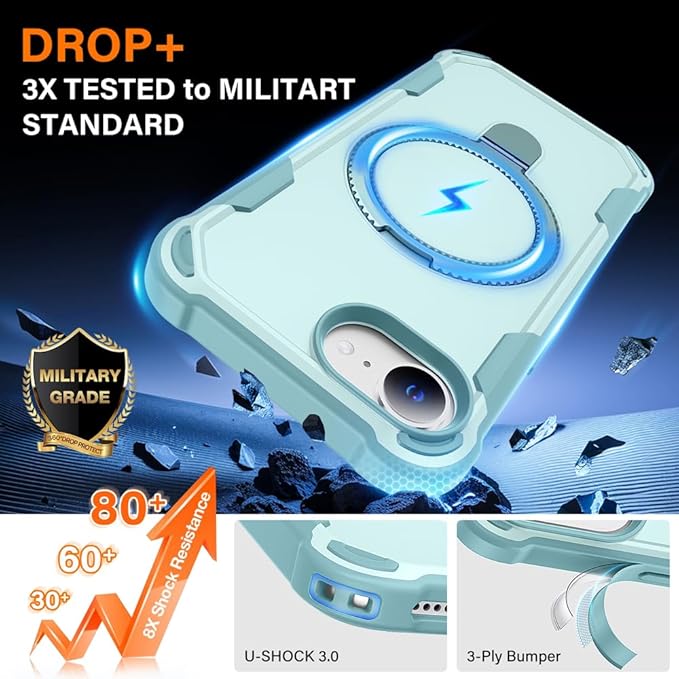 Designed for iPhone 16E Case with Magnetic Stand [Military Drop Protection][Compatible with Magnet] Shockproof 16E Phone Case with Ring Holder, Green