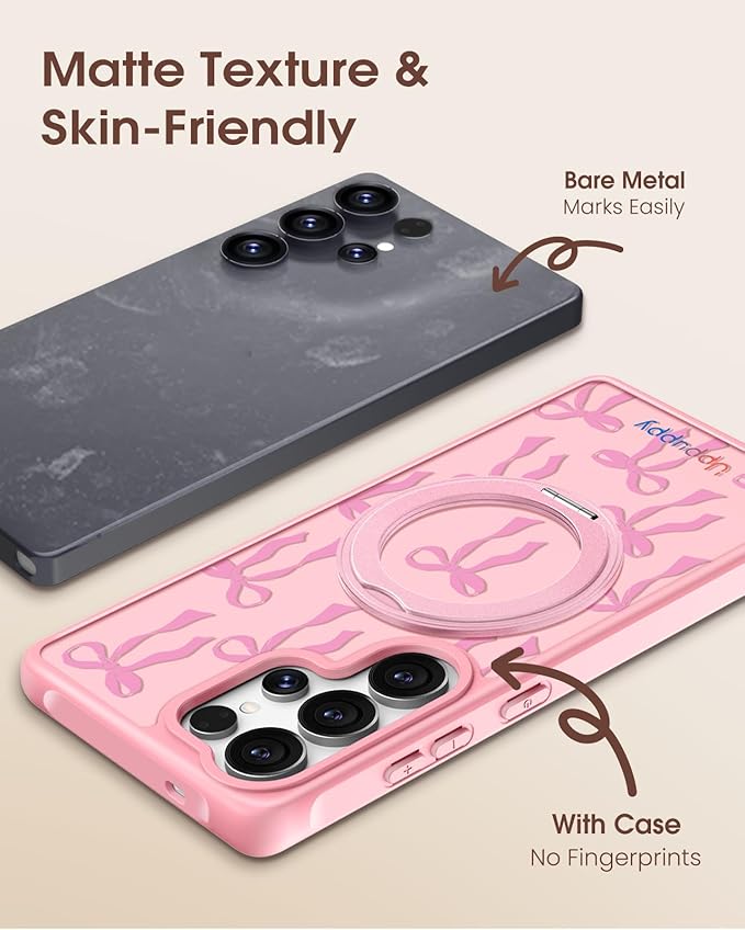 for Samsung Galaxy S25 Ultra Case with 360° Rotatable Magnetic Ring - Compatible with MagSafe, Semi-Transparent Soft-Touch Material Shockproof, Cute Pink Ribbon Bow Design for Women Girl