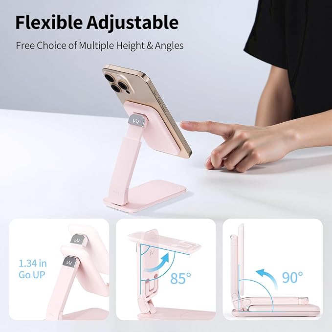 iWALK Magnetic Cell Phone Stand for Desk, Angle and Height Adjustable Mobile Phone Holder, Foldable Magnet Stand for iPhone 16 15 14 13 12 Pro Max and iPad, Cell Phone Holder for Samsung Galaxy, Pink