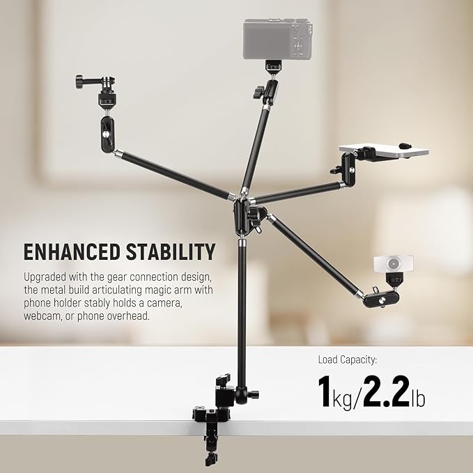 NEEWER 30" Articulating Magic Arm with Super Clamp/Action Cam Mount/Phone Holder, Overhead Camera Desk Mount Mic Boom Stand, Compatible with GoPro iPhone DSLR Webcam Microphone Video Recording, UA056