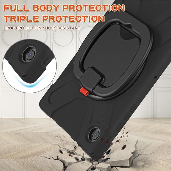 360 Rotation Case for Galaxy Tab A8 10.5" Sturdy Cover Rotate Ring Stand Shoulder Carrying Strap Hand Strap Rugged Children Adults Outdoor Case, Black