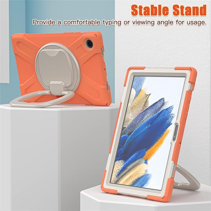360 Rotatable Galaxy Tab A8 10.5" Case Sturdy Cover Rotate Ring Stand Shoulder Carrying Strap Hand Strap Rugged Children Adults Outdoor Case, Orange