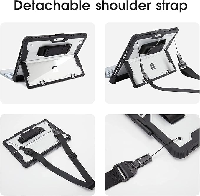 Surface Go4/Go3/Go2/Go Case, Crystal Clear Multi-Angle Heavy Duty Rugged Shockproof Cover with Shoulder Strap, Hand Strap, Stylus Pen Holder, Compatible with Keyboard