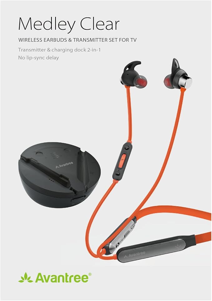 Avantree Medley Clear - Wireless Earbuds for TV Listening & Watching with Transmitter & Charging Dock, Clear Dialogue, Enhanced Volume, Soundbar Passthrough, 20H Bluetooth Neckband Headphones