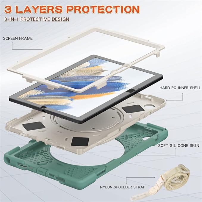360 Rotation Case for Samsung Galaxy Tab A8 10.5" Sturdy Cover Rotate Ring Stand Shoulder Carrying Strap Hand Strap Rugged Children Adults Outdoor Case, DarkGreen
