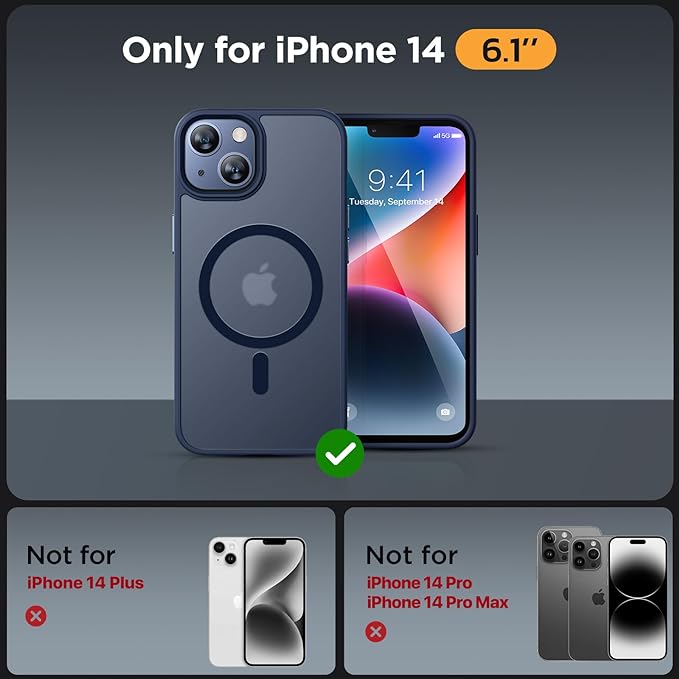 Miracase Magnetic for iPhone 14 Case 6.1 inch (Compatible with MagSafe)（with 2X Screen Protectors） Military-Grade Protection, Anti-Fingerprint Translucent Matte Phone Case Cover, Dark Blue