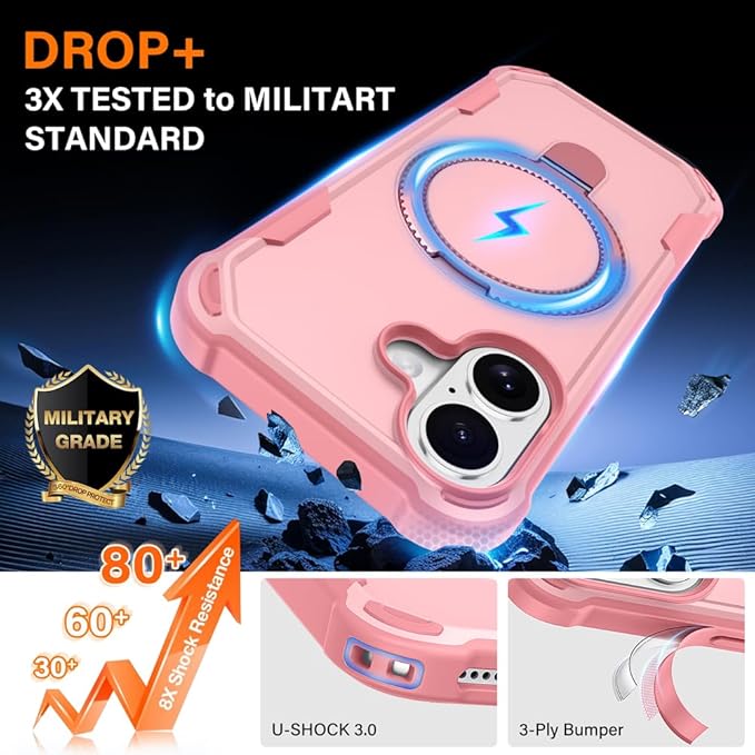 Designed for iPhone 17 Case with Magnetic Stand [Military Drop Protection][Compatible with Magnet] Shockproof 17 Phone Case with Ring Holder, Pink