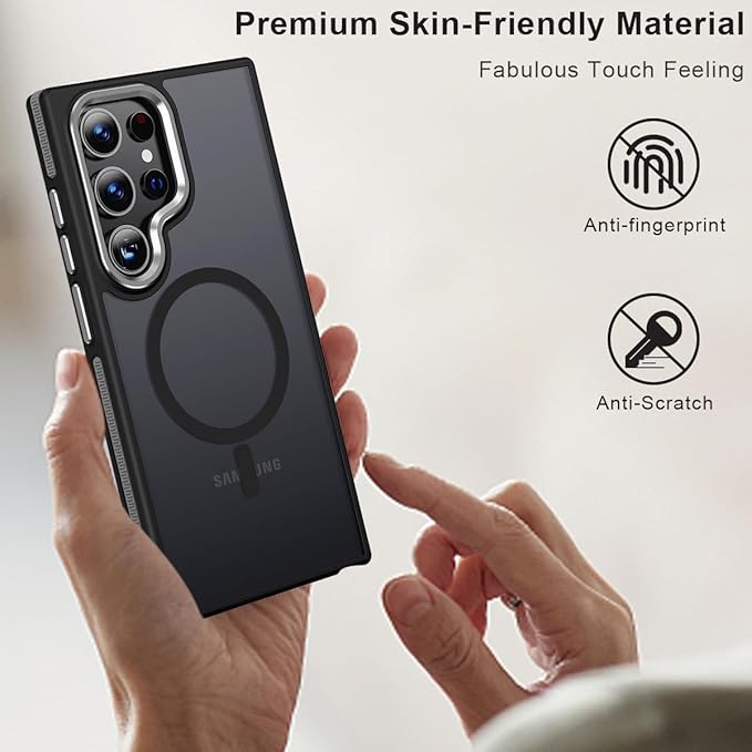 for Samsung Galaxy S24 Ultra Case, Magnetic Phone Case Compatible with Magsafe, Metal Camera Frame, Drop Protection Silky Translucent Cover for Galaxy S24 Ultra (Black/Grey)